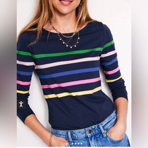 Boden Ella Long Sleeve Brenton Top in French Navy & Rainbow Size 12. NWT